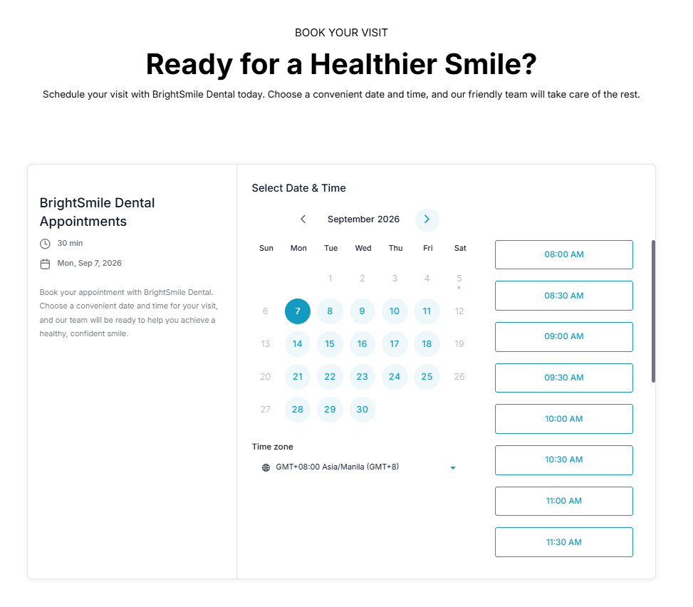 Dental appointment booking calendar