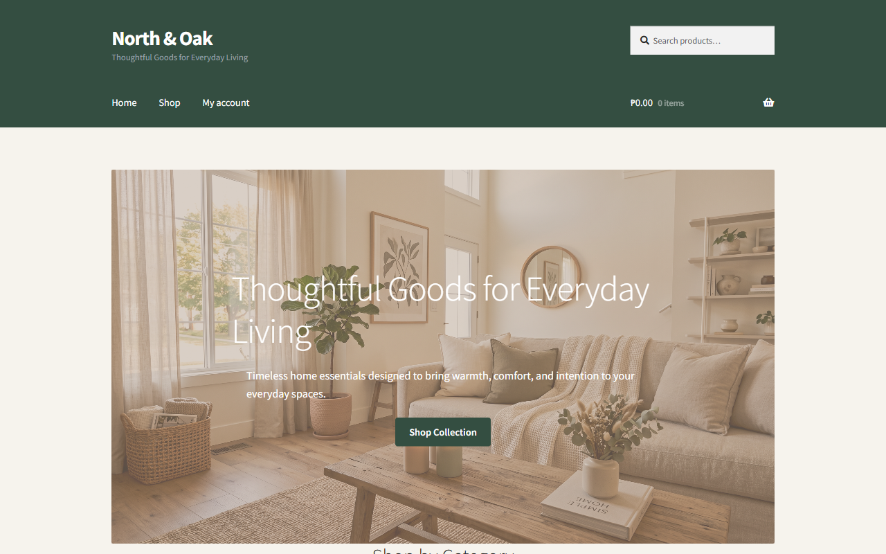 North and Oak e-commerce homepage